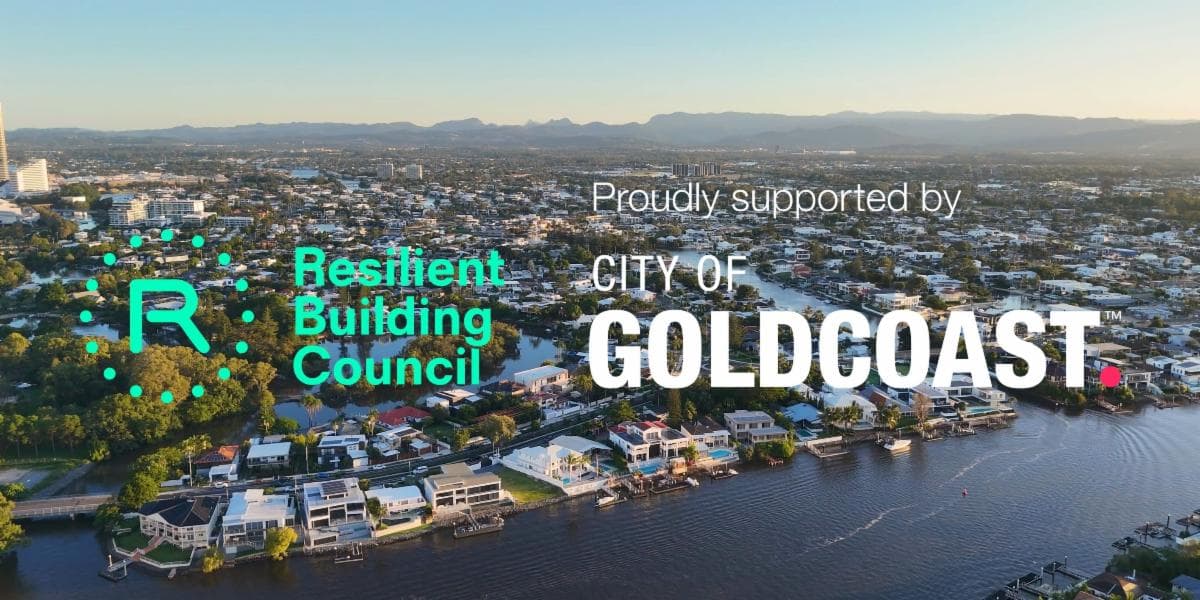 Aerial view of Gold Coast canal homes with Resilient Building Council and City of Gold Coast logos